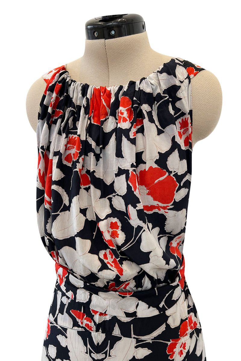 Stunning 1930s Coral, Black & Pale Grey Floral Silk Print Bias Cut Backless Dress
