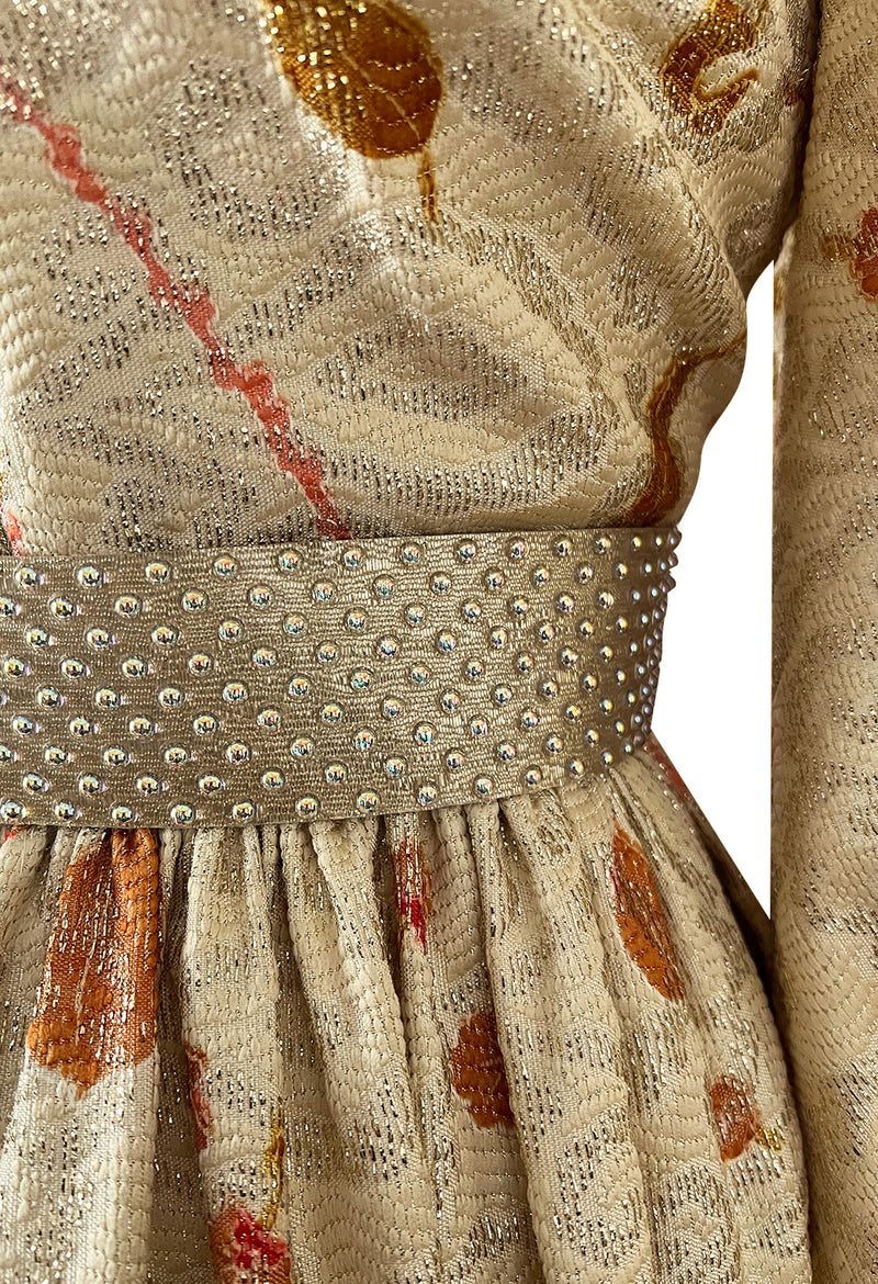 Gorgeous 1969-70 Bill Blass Gold Metallic Off Shoulder Dress w Full Sleeves & Skirt