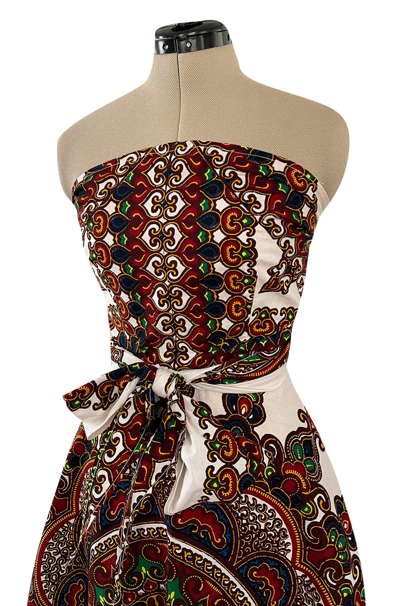Fantastic 1970s Strapless Extended Multi Tie Bohemian Cotton Batik Print Dress