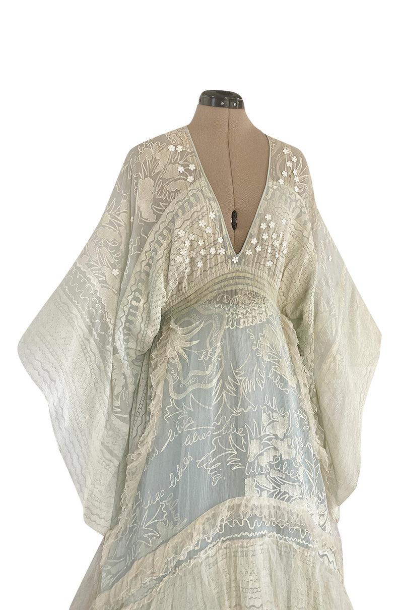 Important 1972 Zandra Rhodes Hand Painted 'Butterfly' Kimono Sleeve Dress w Lily Print & Original Petticoat