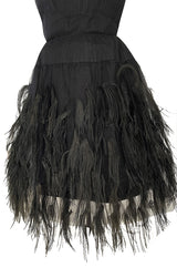 Fabulous Early 1960s Jean Louis Black Silk Chiffon Dress w Elaborate Feather Detailed Skirt