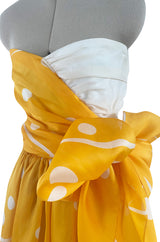 Spring 1985 Bill Blass Dotted Yellow & White Silk Organza Ad Campaign Strapless Dress