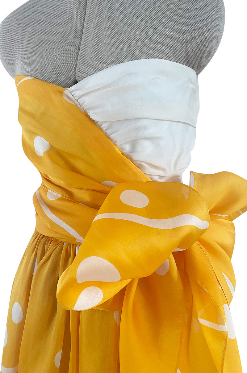 Spring 1985 Bill Blass Dotted Yellow & White Silk Organza Ad Campaign Strapless Dress