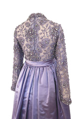 1960s George Halley Couture Lavender Silk Satin Dress w Heavily Detailed Crystal & Rhinestone Bodice
