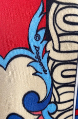 Cutest 1970s Paganne One Shoulder Red Pink & Blue Printed Jersey Dress w Swingy Skirt