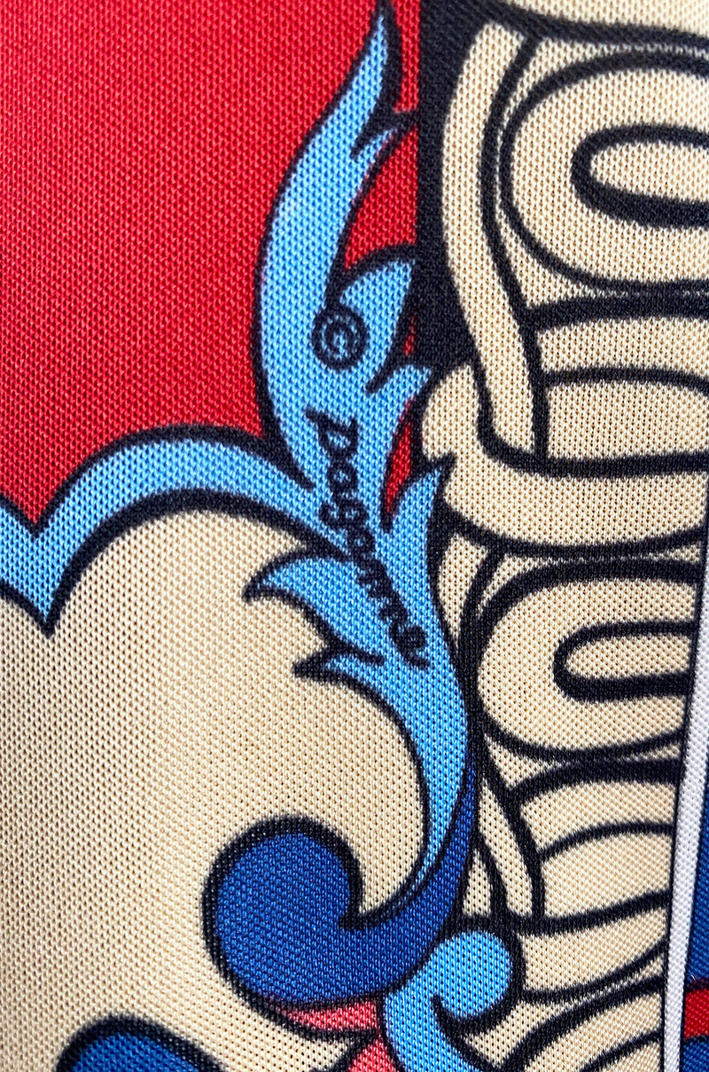 Cutest 1970s Paganne One Shoulder Red Pink & Blue Printed Jersey Dress w Swingy Skirt