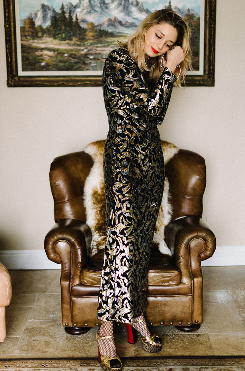 1970s Galanos Metallic Silver & Gold Lurex on Black Silk Dress