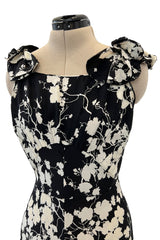 Prettiest 1930s Black & White Floral Print Bias Cut Silk Elaborate Ruffle Shoulder Dress