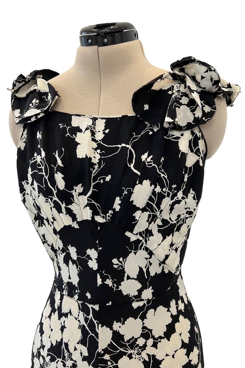 Prettiest 1930s Black & White Floral Print Bias Cut Silk Elaborate Ruffle Shoulder Dress