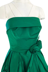 1950s Suzy Perette Emerald Green Strapless Full Skirted Dress w 3D Flower Detailing