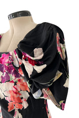 Stunning 1930s Unlabeled Black Silk Crepe Dress w Brilliant Pink & Coral Floral Print