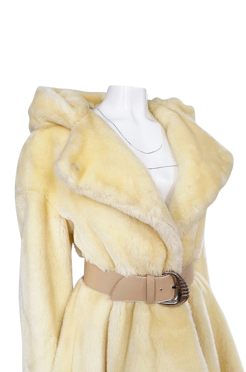 Incredible 1980s Thierry Mugler Cinched Waist Faux Fur Hooded Coat