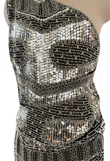 Spring 1981 Unlabeled Halston One Shoulder Silver Sequin & Black Silk Chiffon Dress
