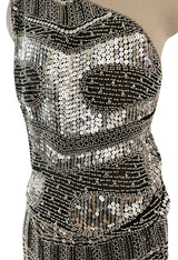 Spring 1981 Unlabeled Halston One Shoulder Silver Sequin & Black Silk Chiffon Dress