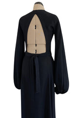 Iconic 1972 Ossie Clark Couture Black Moss Crepe Open Back Wrapped Dress w Bishop Sleeves