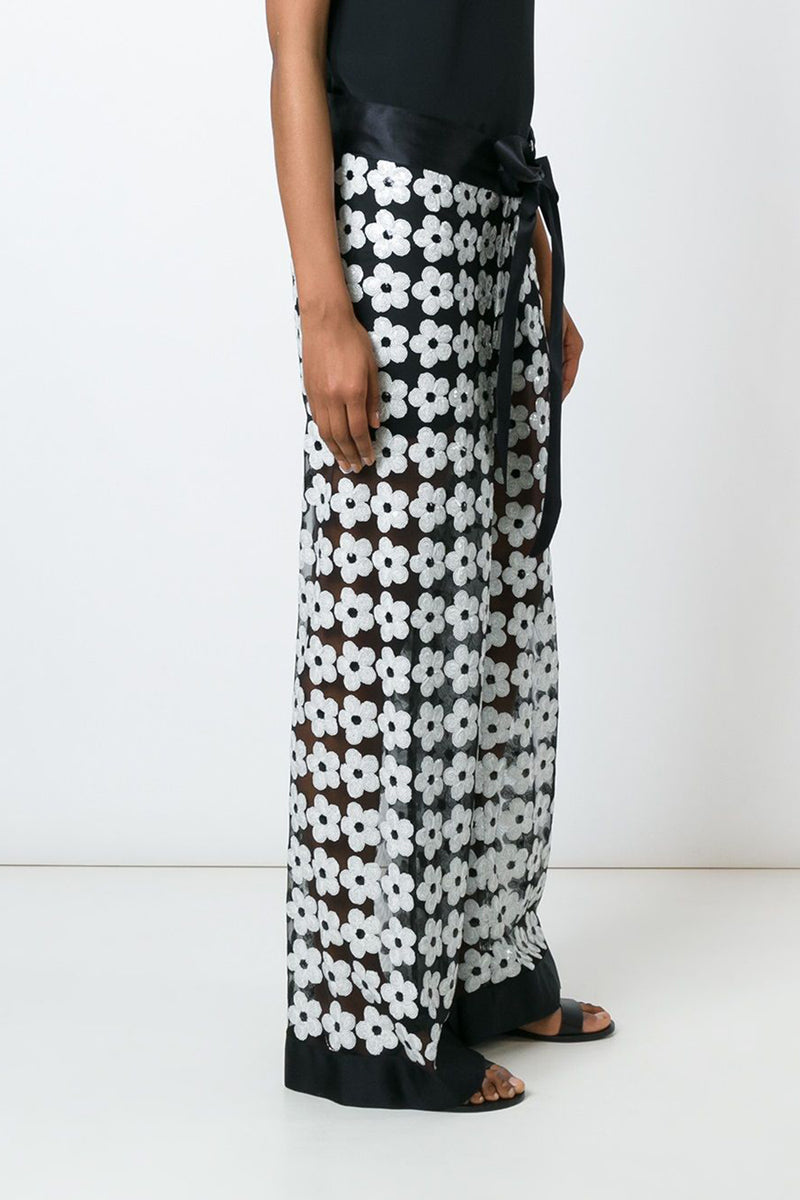 Spring 2015 Chanel by Karl Lagerfeld Black Net & White Sequin Flower Pant & Top Set