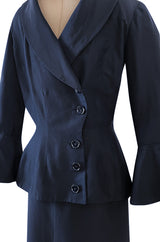 Stunning 1950s Jacques Fath Deep Navy Blue Silk Button Vent & Side Button Jacket Suit