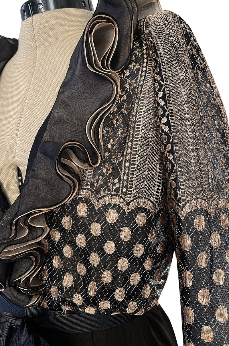 Incredible 1980s Unlabeled Haute Couture Silk Net & Brown Silk Taffeta Plunge Front Dress