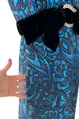 Late 1960s Lanvin by Jules-Francois Crahay Blue Metallic Silk Dress w Bow Detailing