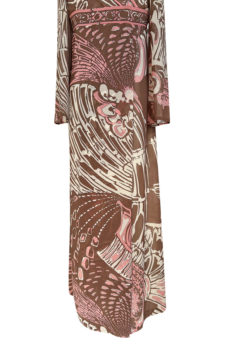 Wonderful 1960s Emilio Pucci Pink & Taupe Printed Silk Chiffon Caftan Dress
