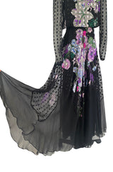 Beautiful 1970s Ted Lapidus Ribbon Weave Silk Chiffon Dress w Prettiest Floral Print