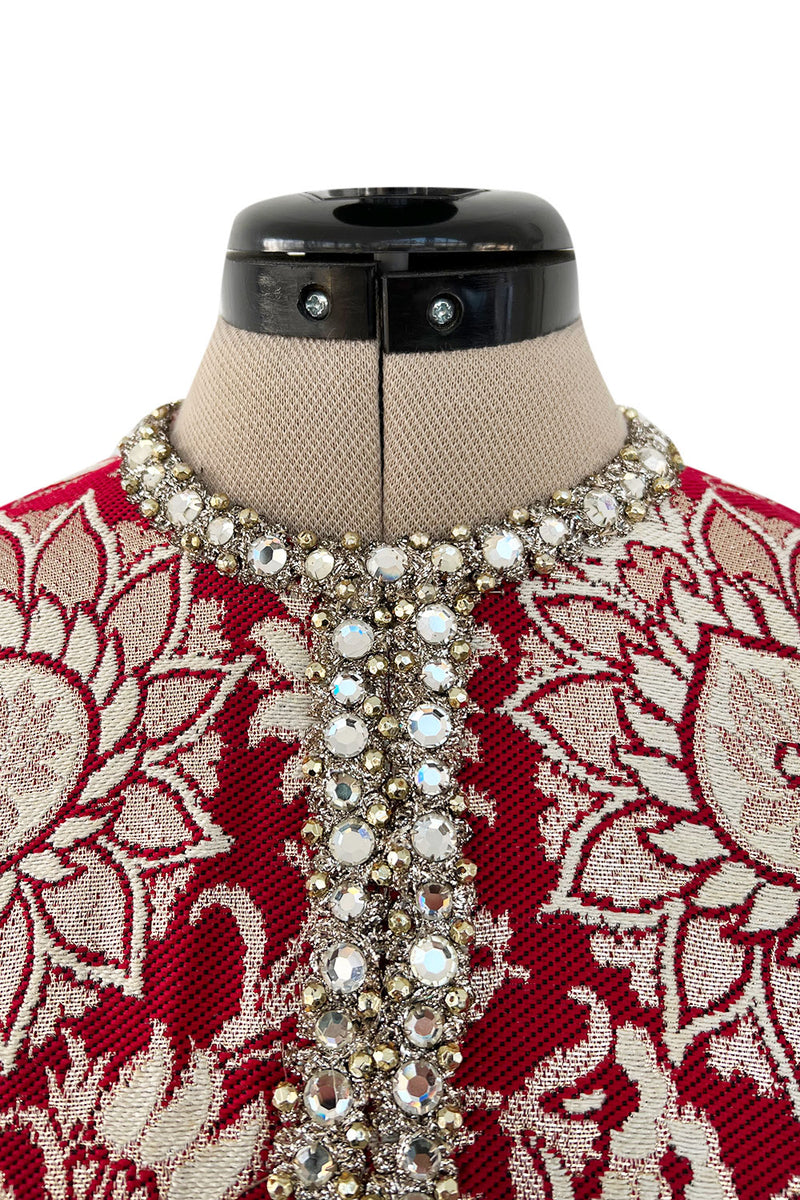 Stunning 1970s Adele Simpson Red & Gold Brocade Dress w Rhinestone Detailing