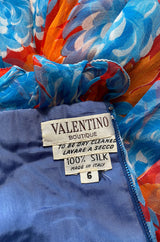 Spectacular c.1978 Valentino Blue & Coral Floral Silk Halter Backless Dress