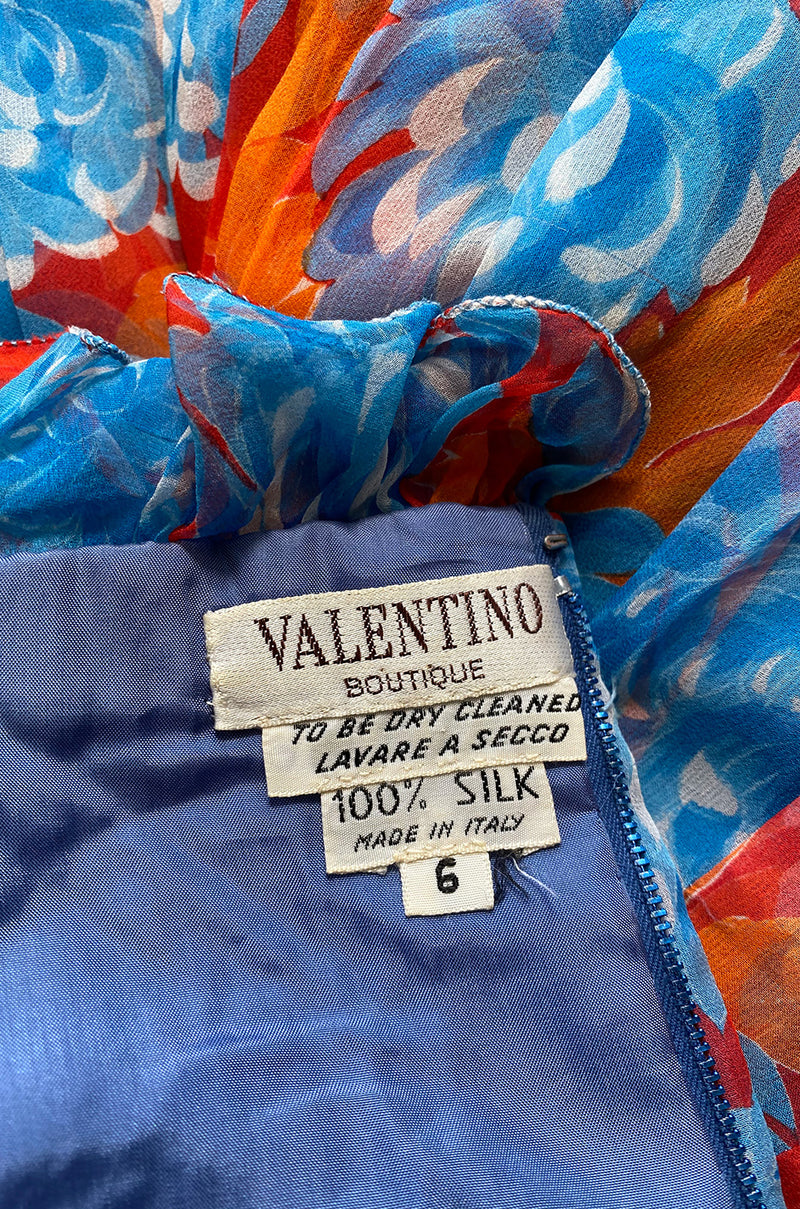 Spectacular c.1978 Valentino Blue & Coral Floral Silk Halter Backless ...
