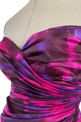 1980s Loris Azzaro Couture Strapless Deep Pink & Purple Printed Silk Mini Dress w Flare Skirt