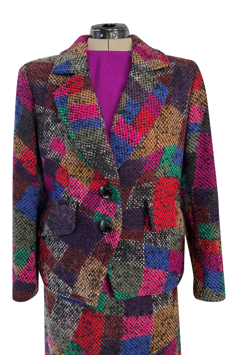 Fall 1991 Ady Couture Lausanne Yves Saint Laurent Haute Couture Copy Wool Patchwork Suit w Silk Top