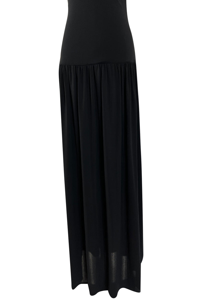 Superb 1980s Christian Dior by Marc Bohan Minimalist Black Jersey Drop Waist Dress