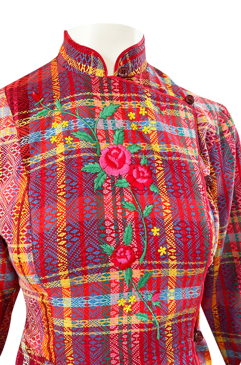 Rare 1970s Kenzo Woven and Floral Embroidered Jacket & Skirt Suit Set