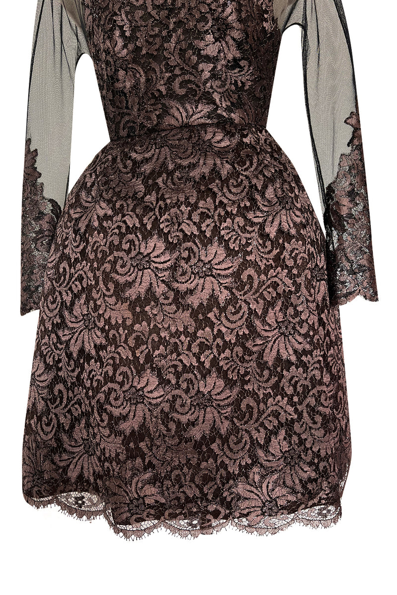 Extraordinary 1990s John Anthony Couture Deep Bronze Lace & Black Silk Netting Full Skirted Dress