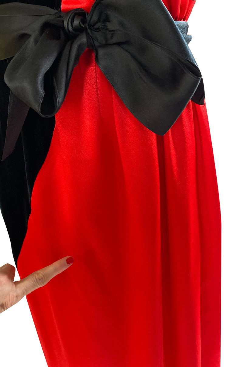 Dramatic 1970s Bill Blass Red Silk & Black Velvet Strapless 'Flame' Dress