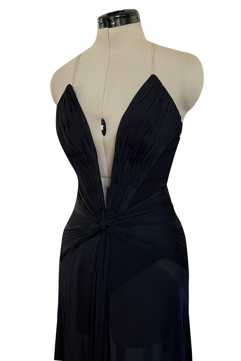 Incredible 2006-2007 Roberto Cavalli Black Silk Extreme Plunge Dress w Trained Silk Chiffon Skirts