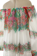 Prettiest 1970s Victor Costa Off Shoulder Floral Print Chiffon Caftan Dress