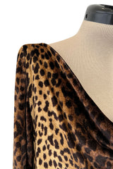 Important Spring 1993 Yves Saint Laurent Runway Draped Neckline Panne Velvet Leopard Print Dress