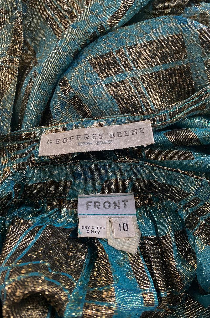 1980s Geoffrey Beene Gold & Turquoise Silk Lame Metallic Skirt & Top Set