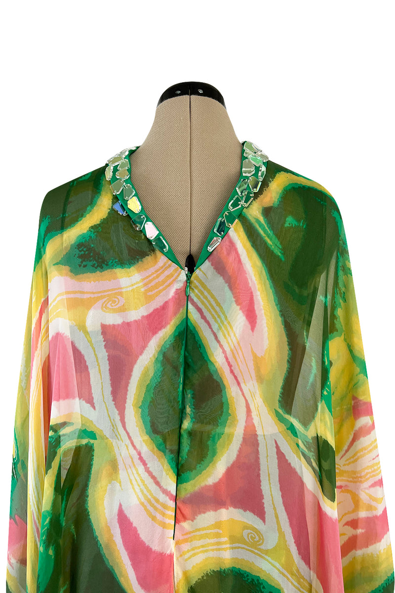 More Recent Unlabeled Vintage Flowing Silk Chiffon Jumpsuit in Pinks & Greens