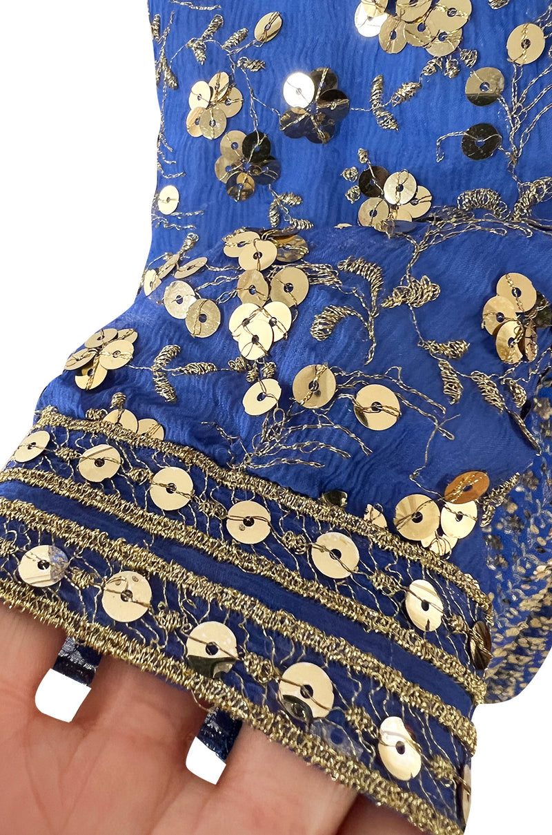 Stunnng 1980s Givenchy Gold Sequin on Blue Silk Chiffon Skirt & Top Dress Set