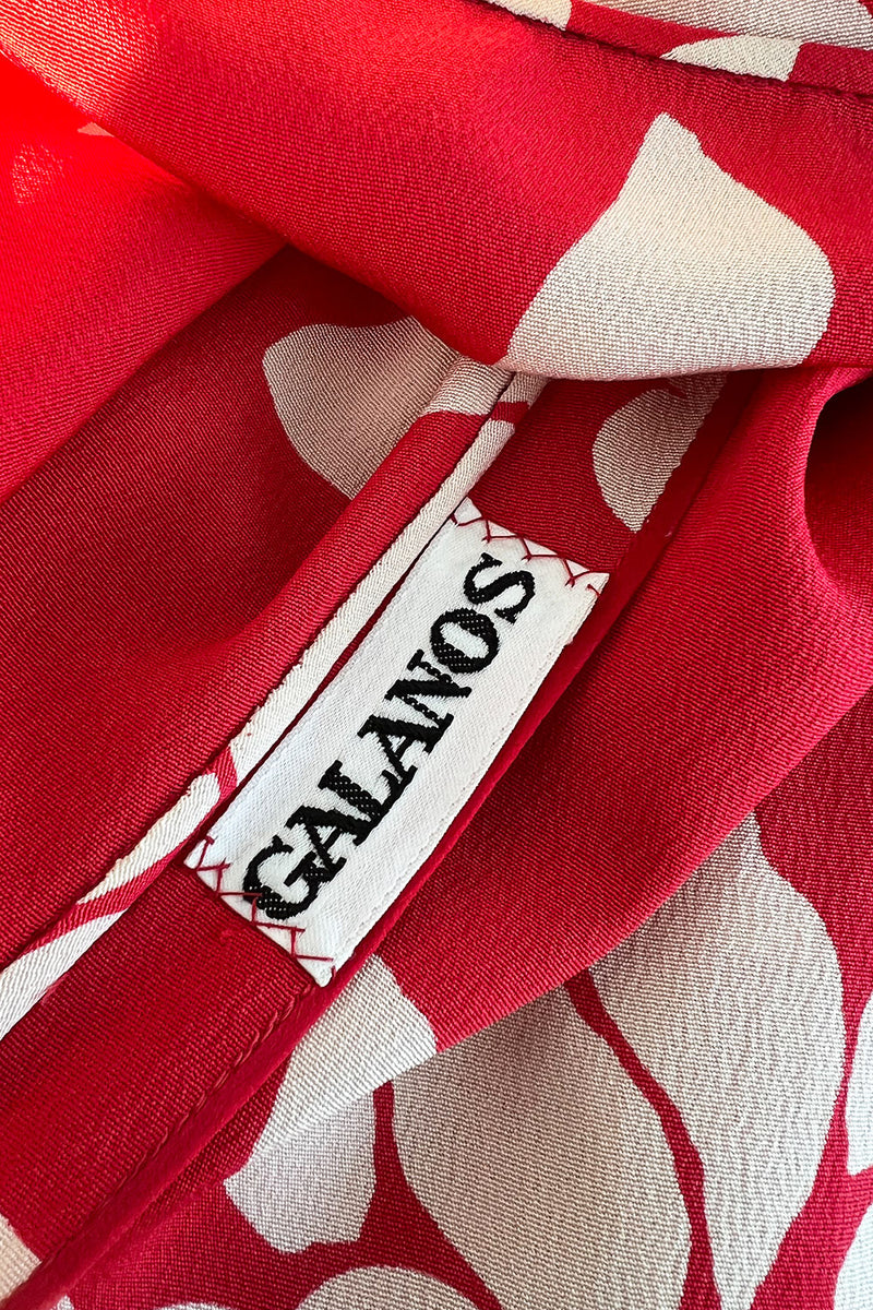 Late 1970s James Galanos Graphic Red & White Silk Crepe Dress w High Side Silt