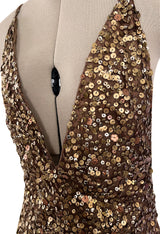 Fall 2002 Valentino Plunged Silk Net Chiffon Dress Completely Covered in Copper Sequins
