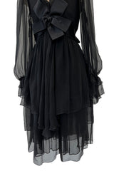 Incredible Fall 1993 Yves Saint Laurent Runway Black Silk Chiffon Dress W Ruffle Full Sleeves