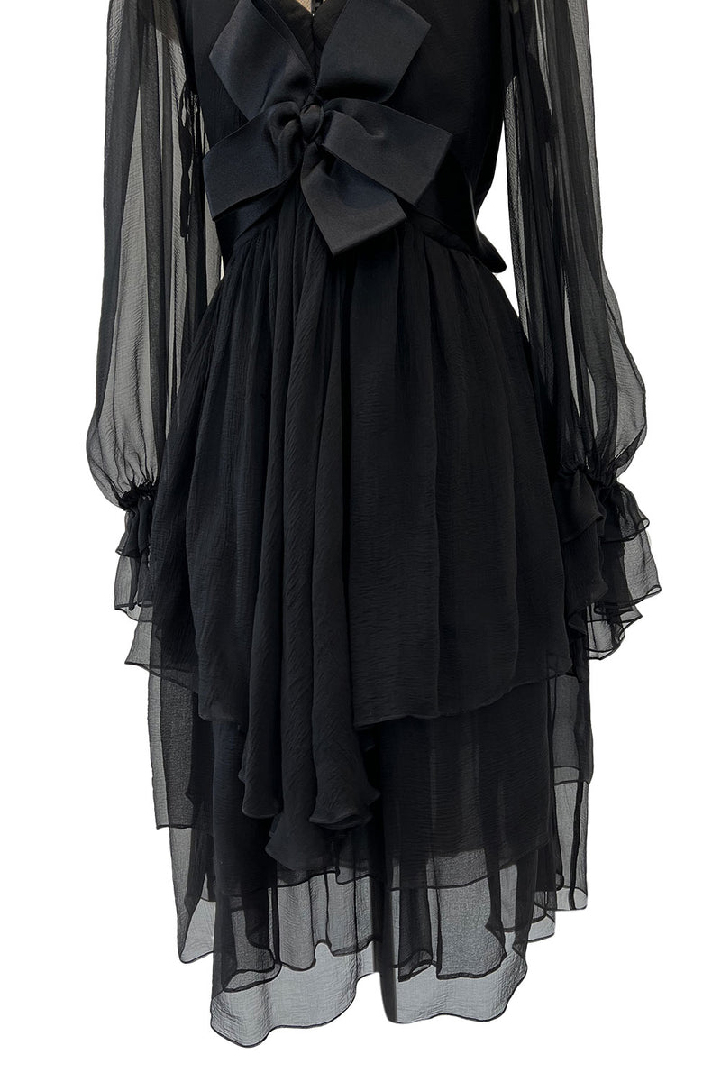Incredible Fall 1993 Yves Saint Laurent Runway Black Silk Chiffon Dress W Ruffle Full Sleeves