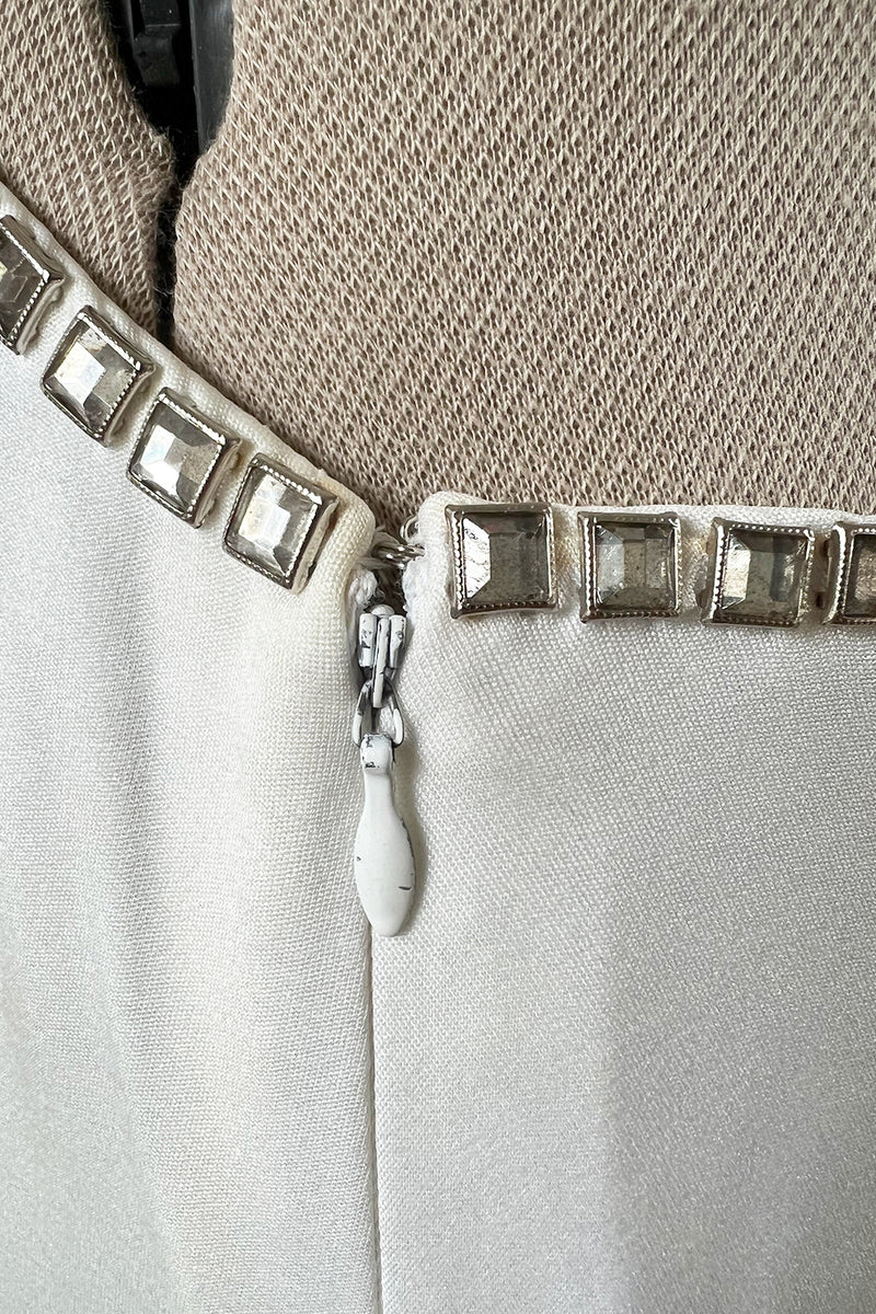 Stellar 1970s Luis Estevez Backless White Jersey Dress w Silver Studded Front