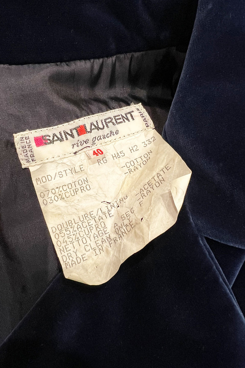 Fantastic Fall 1985 Yves Saint Laurent Deep Runway Blue Velvet Jumpsuit w Slouchy Front Pockets