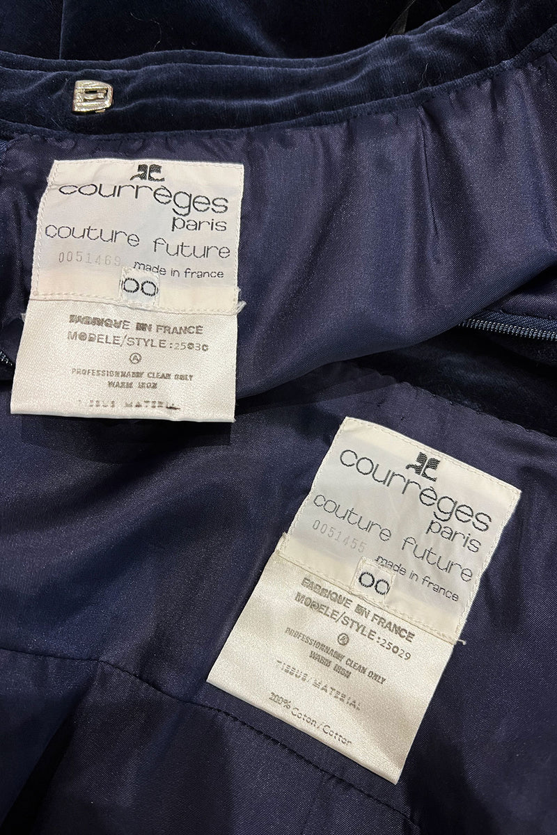 Numbered 1970s Andre Courreges Deep Blue Velvet Zip Jacket & Wide Legged Pant Set
