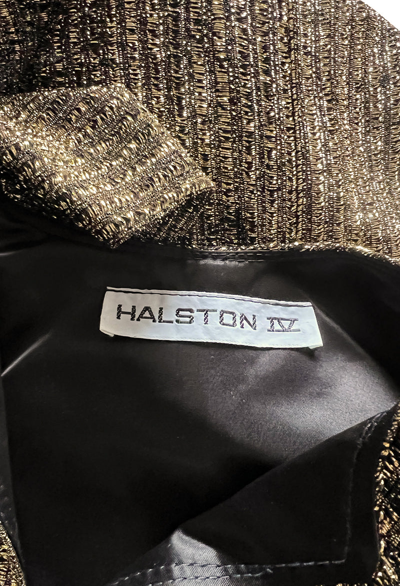 Classic 1970s Halston Metallic Gold Lame Lurex Full Length Caftan Dress w Notched Neckline