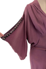 Unusual 1930s Avant Garde Mauve Moss Crepe Dress w Hand Beaded Sleeve Detailings