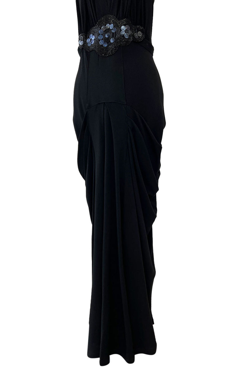 Avant Garde 1930s Black Moss Crepe Draped Halter Back Dress w Sequin Detailing